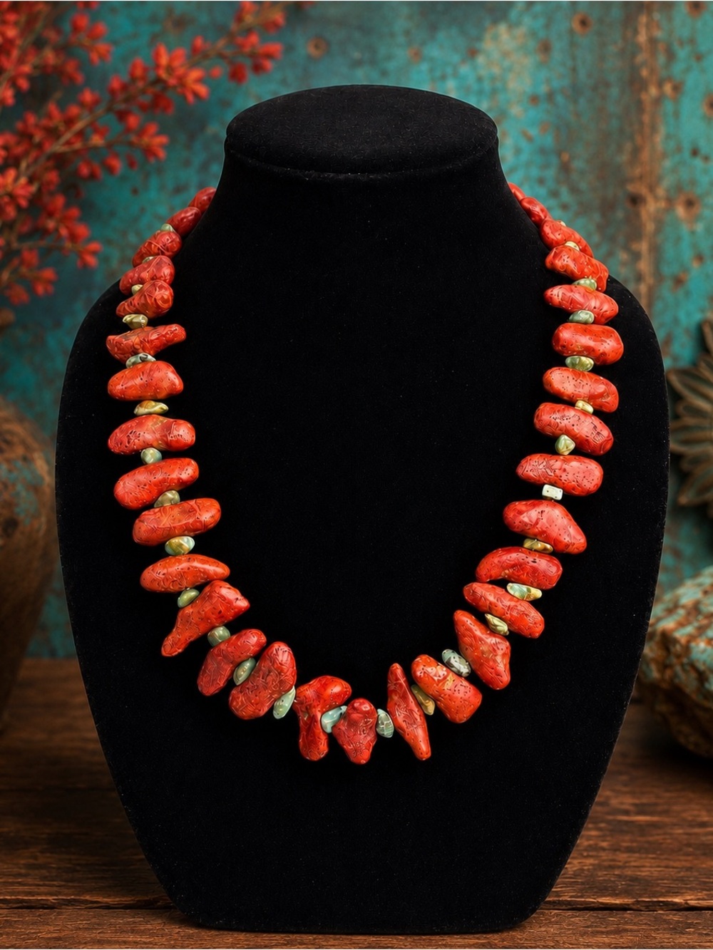 Oxblood Coral 🪸 Deep Red & Turquoise Necklace Chunky & Raw